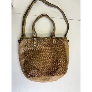 Langellotti Womens Brown Woven Genuine Leather Adjustable Strap Tote Handbag NEW